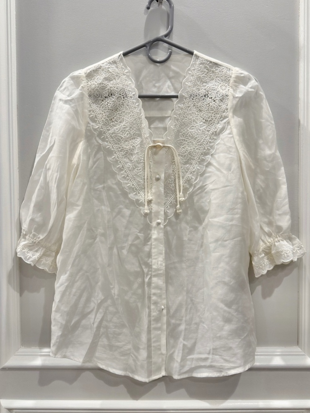 NEW SaSa Studio White Lace Trim Peasant Boho Coquette Button Up Blouse S